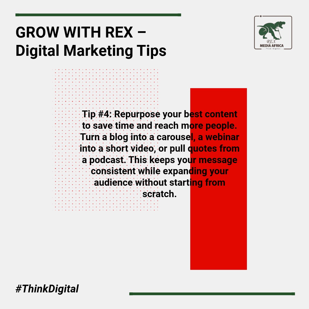 rexmediafrica's tweet photo. 🚀 Digital Marketing Tip of the Week
Repurpose your best content to save time and reach a wider audience. Turn blogs into carousels, webinars into short videos, or pull quotes from podcasts—keep your message fresh without starting from scratch! ✨
#ThinkDigital https://t.co/aiZNVQlihR