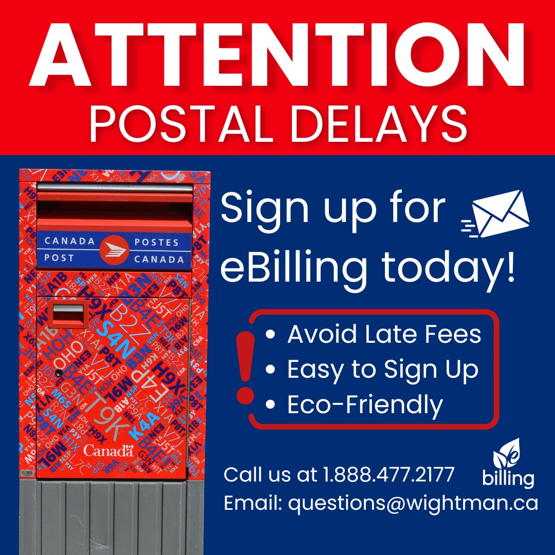 WightmanTel's tweet photo. With the Canada Post strike now in effect, your paper bill will not be delivered. Avoid late fees by signing up for eBilling and get your bill straight to your inbox—fast, secure, and hassle-free.
Click here to sign up: https://t.co/eF2yfTdKfB
Or call us at 1-888-477-2177. https://t.co/TOSylQDctA