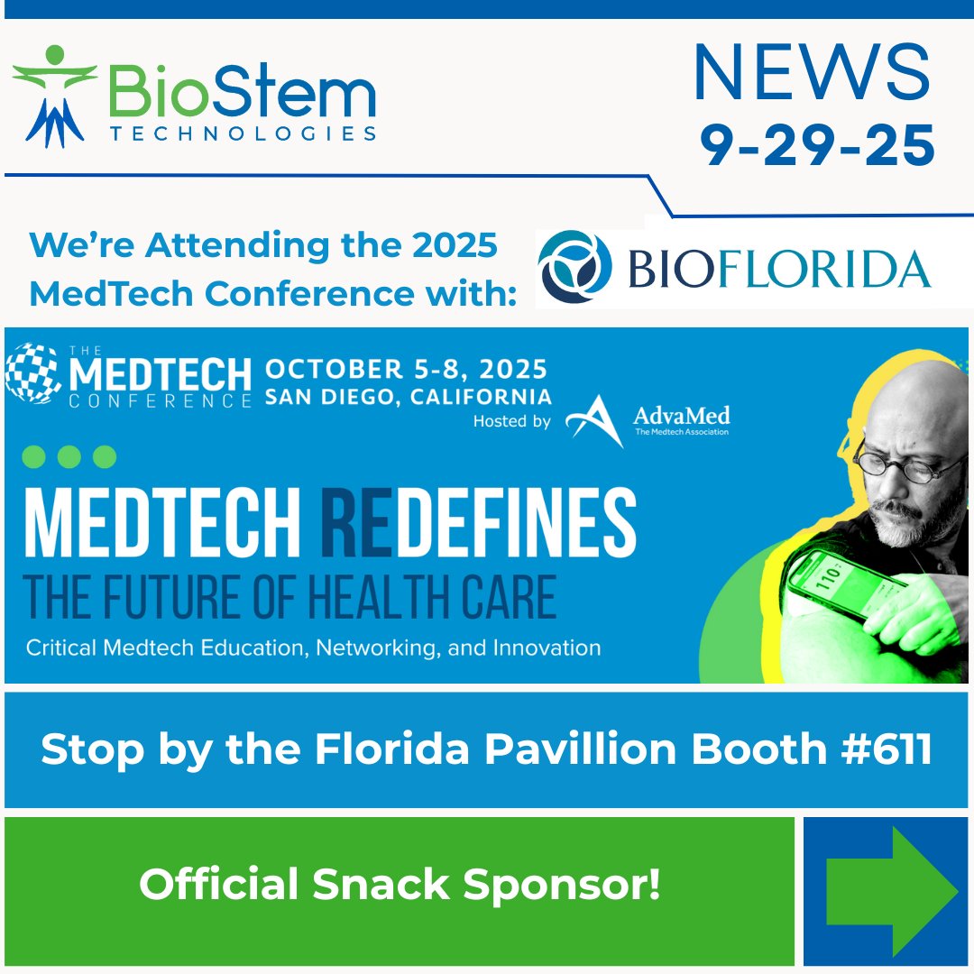 BSEM_Tech's tweet photo. BioStem Technologies is excited to be a sponsor of the 2025 MedTech Conference through our BioFlorida membership!
We’ll be there to meet, greet, and connect with clinicians, partners, and innovators shaping the future of healthcare.
https://t.co/eVDVzVZt3I
#BioFlorida #medtech https://t.co/QxdNYzTP6p
