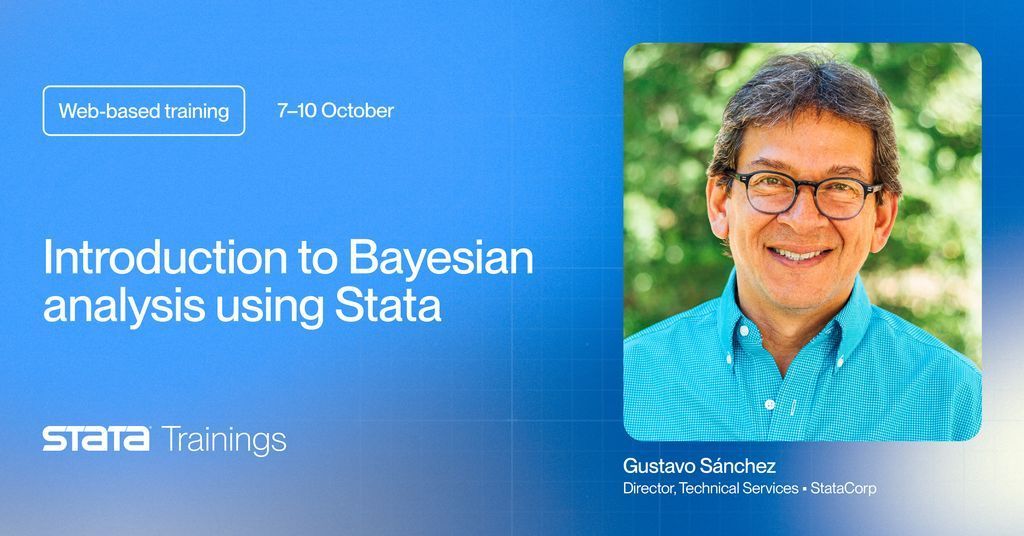 Stata's tweet photo. New to Bayesian methods?
Join us 7–10 October for our “Introduction to Bayesian analysis using Stata” training.
Learn how to:
▪️Fit modes with 𝗯𝗮𝘆𝗲𝘀 and 𝗯𝗮𝘆𝗲𝘀𝗺𝗵
▪️Run MCMC diagnostics
▪️Evaluate results
Register: https://t.co/i30jyFDLPR
#Stata #StataTraining https://t.co/88ocTYJg5T