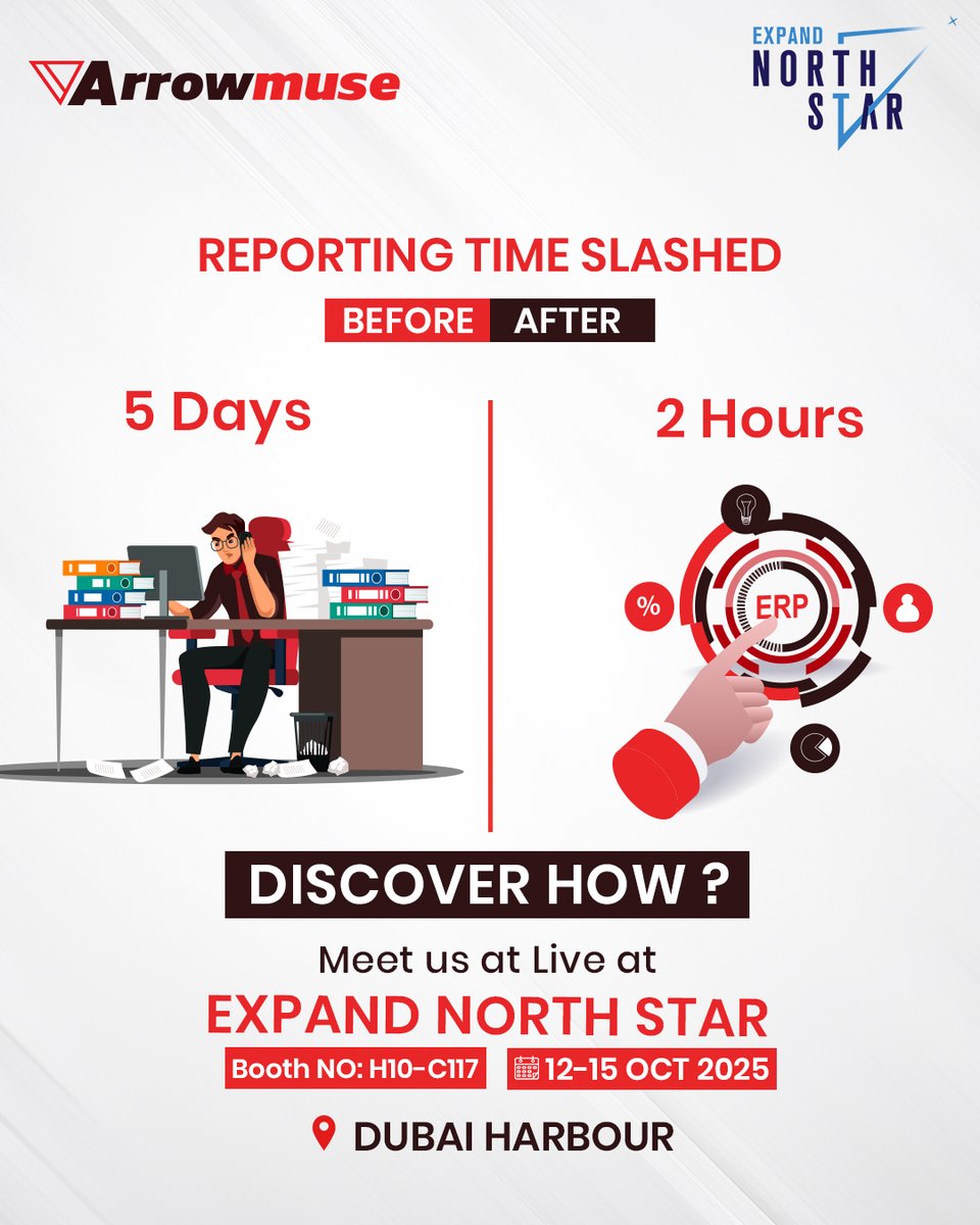 arrowmuse's tweet photo. ⏱️ Reporting time cut from 5 days → 2 hours.
Arrowmuse makes it possible with:
✅ Custom ERP
✅ SaaS Apps
✅ AI Agents
🚀 Meet us at @expandnorthstar  2025 
📍 Booth: H10-C117 | 📅 12–15 Oct | Dubai Harbour
#Arrowmuse #ExpandNorthStar #ERP #SaaS #AI #dubaitech #BusinessGrowth https://t.co/WFHZ0Ajgbv