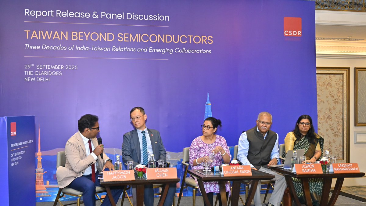 CSDR_India's tweet image. The report examines three decades of India-Taiwan relations, arguing that despite significant growth in bilateral trade, the relationship is vastly underutilised. While traditional cooperation in semiconductors, trade, and education has flourished, the report identifies…