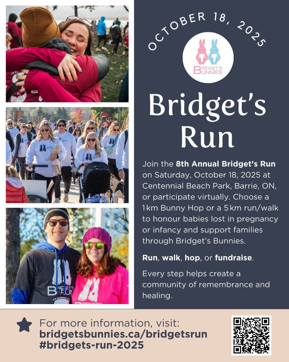 WCHealthNetwork's tweet image. 🐇 Run, walk, or hop for hope at Bridget’s Run 💜 Oct 18, 2025 in Barrie or virtually. Every step honours babies lost &amp;amp; supports grieving families. 

👟 Learn more and register: bridgetsbunnies.ca/bridgetsrun

#BridgetsRun2025 #BridgetsBunnies #RunForHope #InfantLossAwareness #WCHN