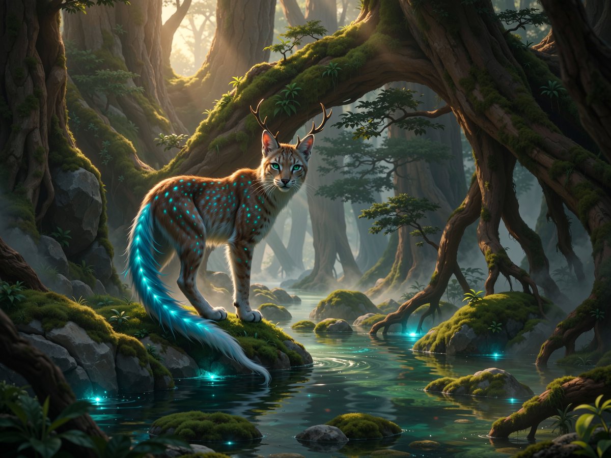 PromptSin's tweet image. Nature's fantasy: a mystical creature with antlers and glowing spots—who's ready for an adventure? 🦌✨ #MysticWilds #FantasyCreatures
