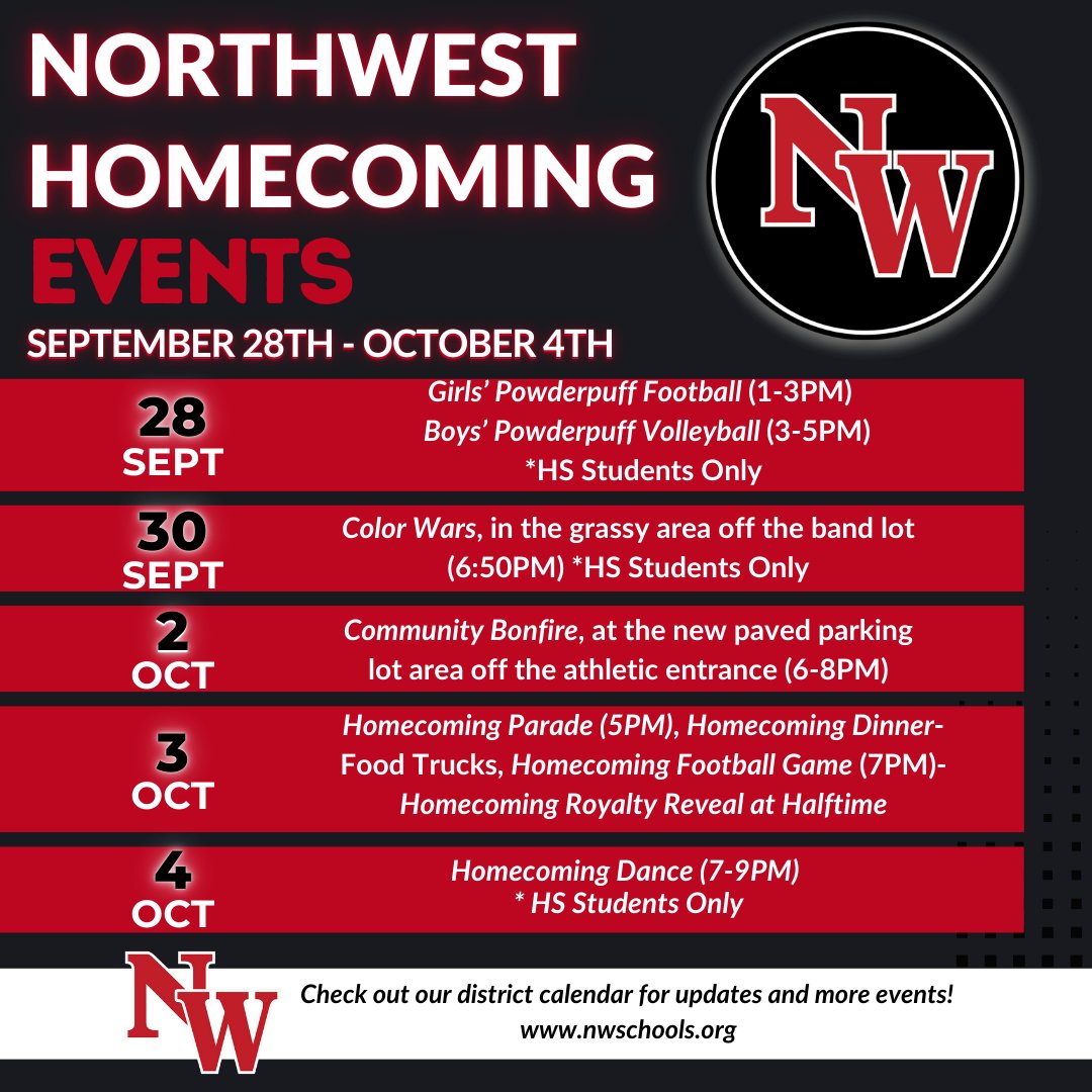 Happy Homecoming Week, Mountie Nation! 🔴⚫🙌

Take a look at the upcoming event schedule for this week. 👇🏈 #nwschools
