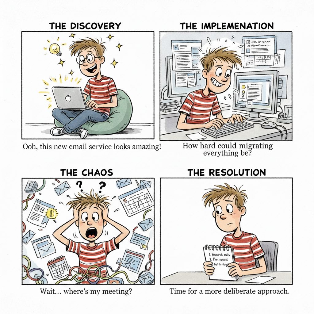 DanChrst's tweet image. Ever chased a “simple tech change” only to end up in chaos?
What started as a quick switch to a privacy-focused email service nearly wrecked my week.
Here's how I'm breaking the cycle of Shiny Object Syndrome.
🔗 danchrist.com/shiny-object-s…
#Productivity #TechTools