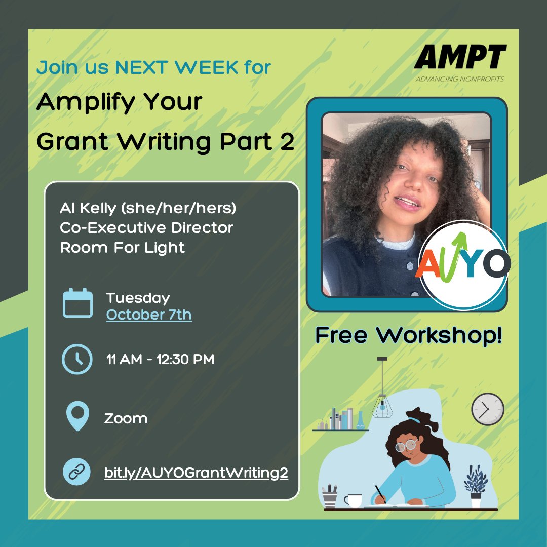 Join us next week for another AUYO!

Al Kelly, Co-Executive Director of Room for Light, returns to finish her 2 Part AUYO on the Grant Writing process!

Register now for Part 2 at bit.ly/AuyoGrantWriti…

#AUYO #Workshop #Nonprofit