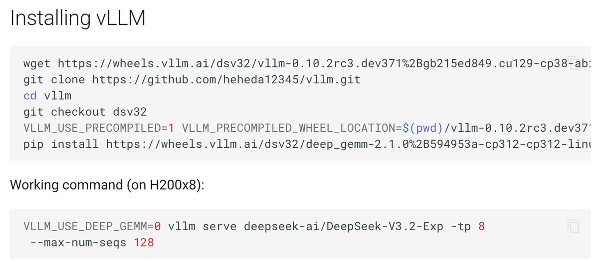 vllm_project's tweet image. Getting ready to try DeepSeek-V3.2-Exp from @deepseek_ai ? vLLM is here to help!
We have verified that it works on H200 machines, and many other hardwares thanks to the hardware plugin mechanism.
Check out the recipes docs.vllm.ai/projects/recip… for more details 😍
Note: currently…