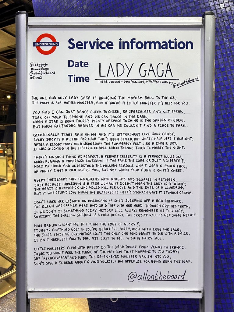 gagadaily's tweet photo. Lady Gaga poem by @allontheboard at North Greenwich station in London https://t.co/ApKrgSlUKm