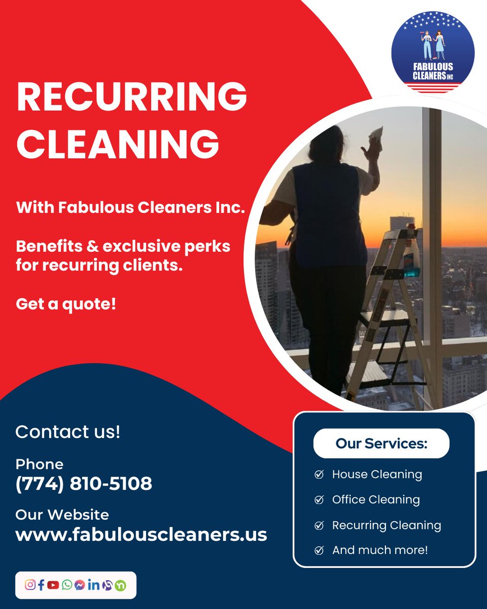 Recurring Cleaning with Fabulous Cleaners Inc.

Benefits &amp; exclusive perks for recurring clients.

📌Contact us:
Phone: +1 (774) 810-5108
Mail: fabulouscleaners10@gmail.com
fabulouscleaners.us