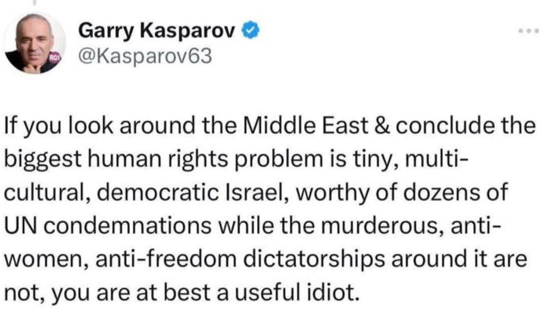 Was Garry Kasparov sagt! ☝️

„Wenn du dich im Nahen Osten umsiehst und zu dem Schluss kommst, dass das größte Problem in Sachen Menschenrechte das winzige, multikulturelle, demokratische Israel ist – das Dutzende UN-Verurteilungen verdient –, während die mörderischen,