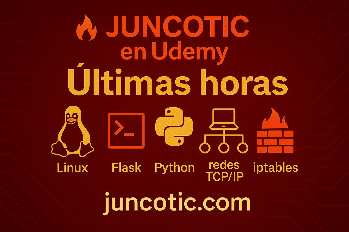 🔥 Últimas horas de la promoción de #JuncoTIC en #Udemy!

Aprendé Linux, Redes, Scripting, TCP/IP, Flask, Wireshark, SSH y mucho más! 🚀

Podés acceder a cada cupón de descuento con los enlaces que publicamos en nuestro sitio: 👇 

juncotic.com/cursos

Te esperamos✨