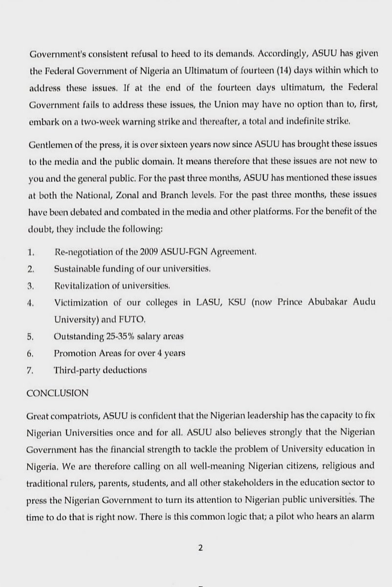 ASUU_UNILAG's tweet photo. 🔔🔔🔔🔔🔔🔔

TEXT OF A PRESS RELEASE OF THE ACADEMIC STAFF UNION OF UNIVERSITIES (ASUU) HELD AT THE UNIVERSITY OF ABUJA
🗓️ Sunday, 28th September, 2025

📰 NOTICE OF STRIKE ACTION 

#WeShallOvercome #SolidarityForever #ASUU https://t.co/Xv1aTPaYC6