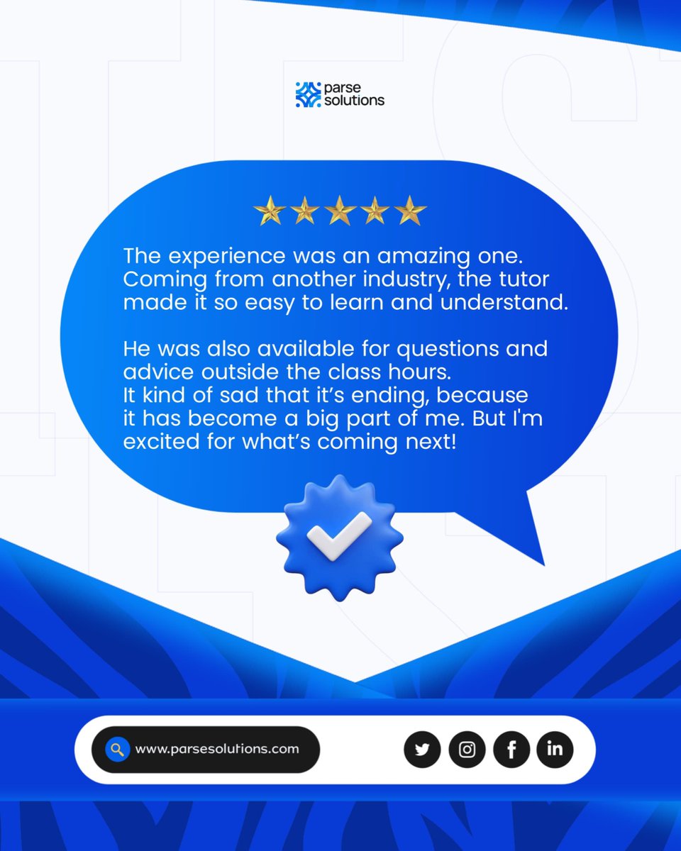 ParseSolutions's tweet image. 💙 This is what we’re about. This participant’s experience shows how much support, learning, and growth you’ll get with us. Ready to build? 🚀

✨ Join us today and experience the difference.

#parsesolutions #careergrowth #upskillnow