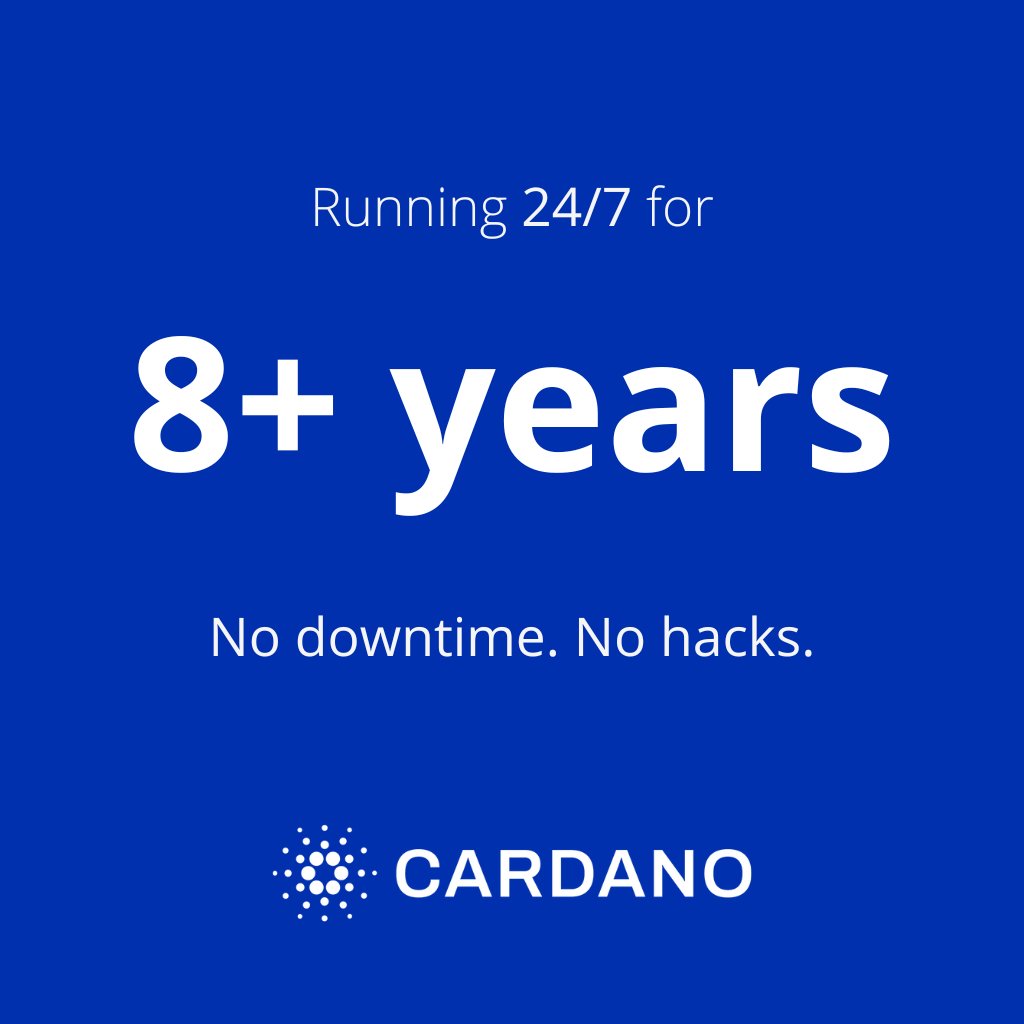 FACT: Cardano has been running for 8+ years with zero downtime and zero hacks. ✊

I don't think it's emphasized enough. Not many can say the same.

Built from the ground up, Cardano was designed for resilience and security from day one.