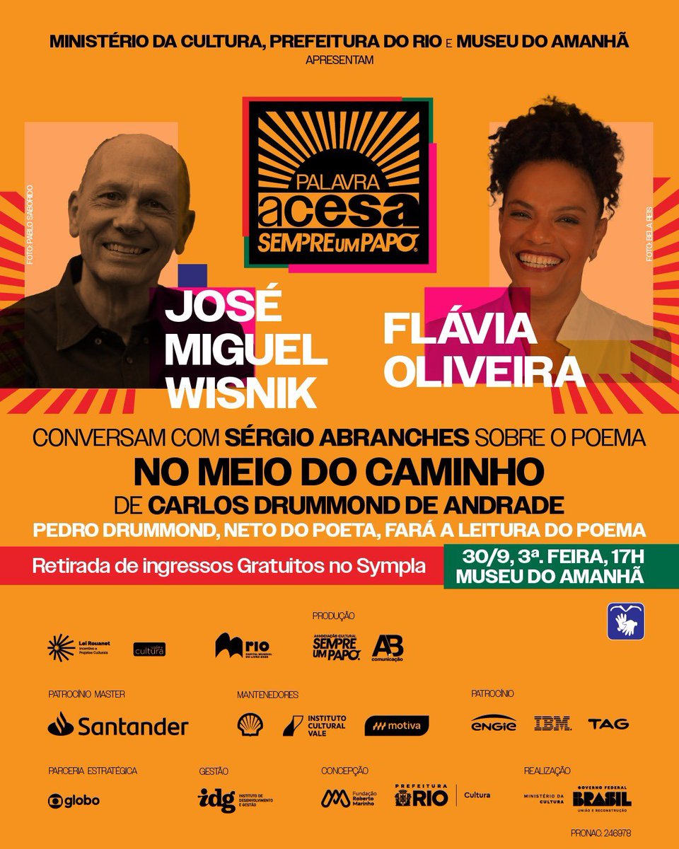 Poesia numa hora dessas? Sim. 
Amanhã, 30/09, participo com José Miguel Wisnik e <a href="/abranches/">Sergio Abranches</a> da Palavra Acesa no <a href="/museudoamanha/">Museu do Amanhã</a> . Vamos debater o poema “No meio do caminho”, de Carlos Drummond de Andrade. Às 17h. Pedro, neto do poeta, fará a leitura.
Coisas de <a href="/afonsoborges/">Afonso Borges</a> … 🪨