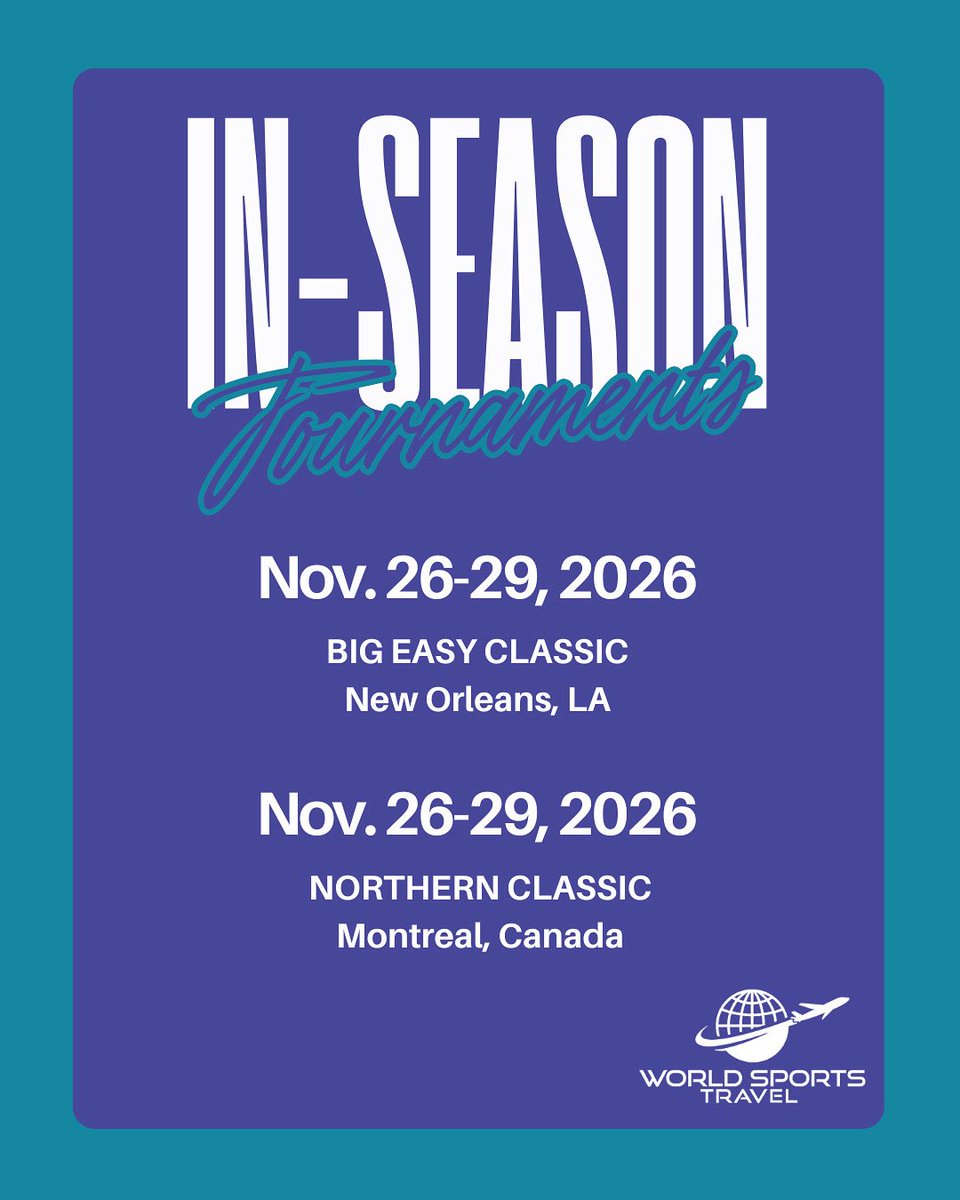WrldSportsTrav's tweet photo. 2026 SCHEDULING OPPORTUNITIES‼️

Enjoy the vibrant culture of New Orleans or the European charm and history of Montreal.

For more information on our available tournaments, contact Sallie Gordon at Sallie@wsportstravel.com https://t.co/WFoAy0IMT8