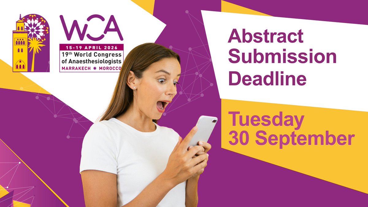 wfsawca's tweet image. Abstract deadline tomorrow!

Submit by 30 Sept (23:59 GMT+1) to join 700+ colleagues from 90 countries at #WCA2026.

🏆 Prizes up to USD $1,000
📖 Published in Anaesthesia &amp;amp; Analgesia

📌 wcacongress.org/abstracts/

#AbstractDeadline #Anaesthesia