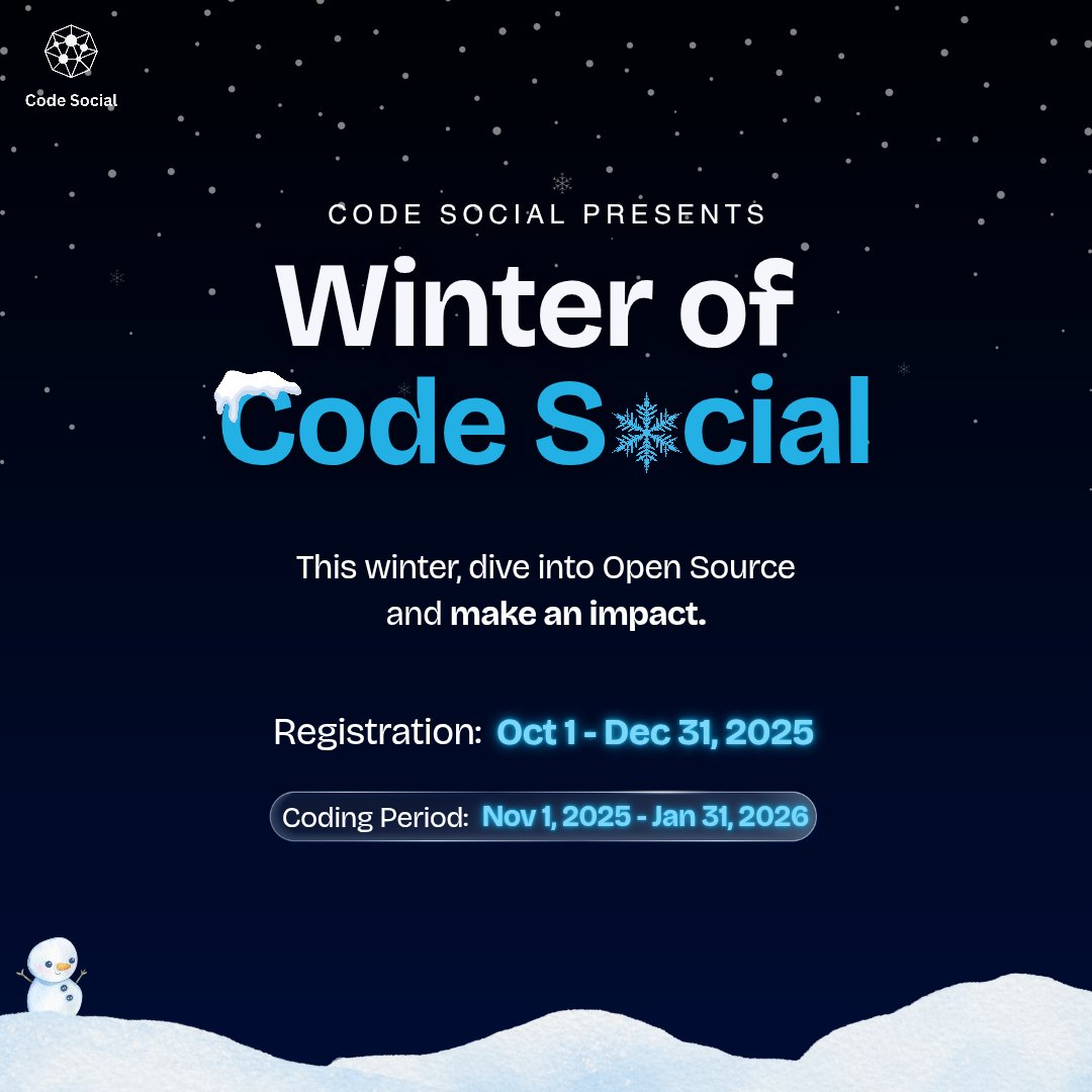 codesocial_tech's tweet image. ❄️ Winter of CodeSocial 2025 is here! 🌨️💻
Why just survive the winter when you can code through it & make your mark in Open Source?
🖥️ Coding Period: Nov 1 – Jan 31
👉 woc.codesocial.tech
#WinterOfCodeSocial #WOCS  #CodeThroughWinter