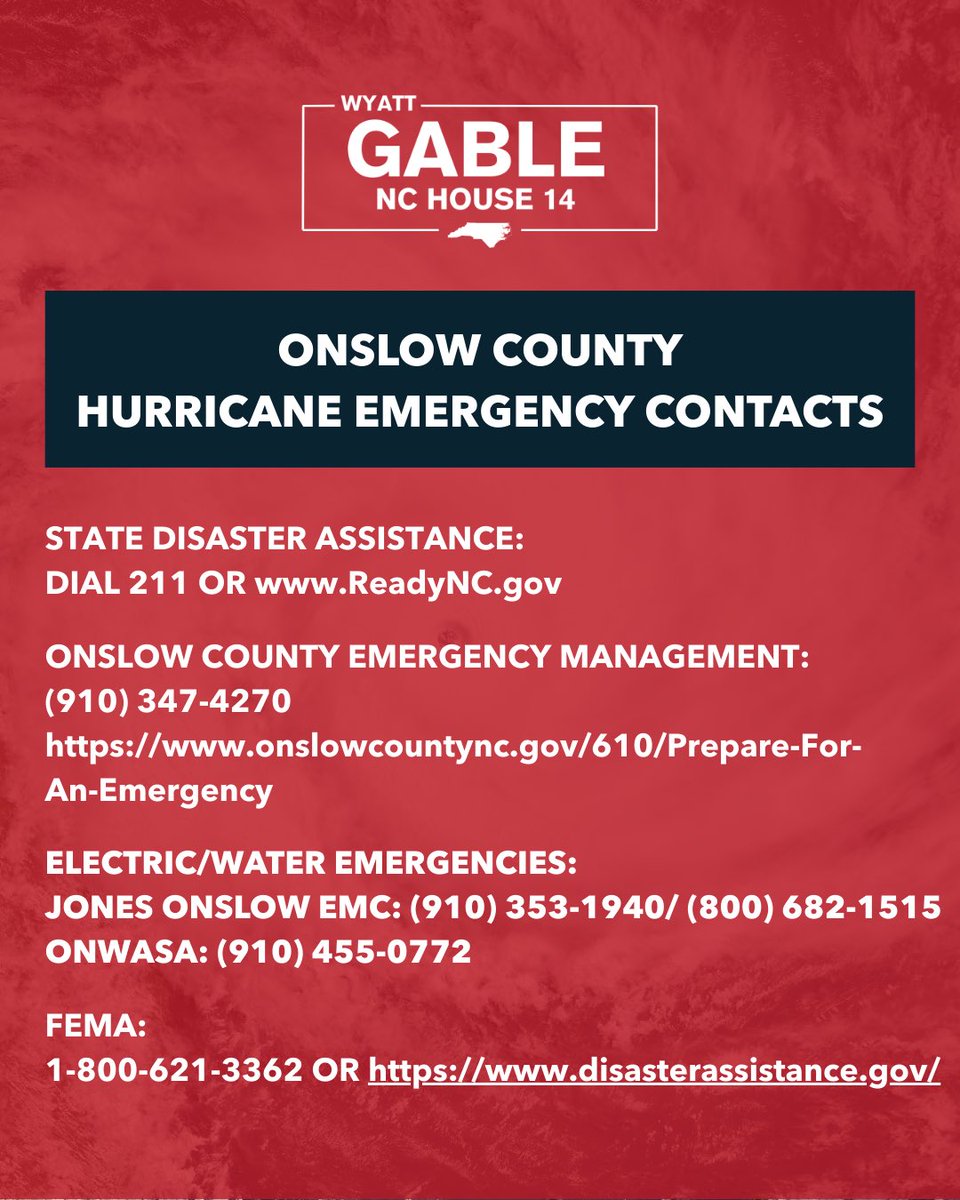 As we have entered hurricane season, and Imelda and Humberto approach, here are some important points of contact for statewide agencies and Onslow County. 

Feel free to reach out to my office via email if there is any help we can provide to direct you to a state agency: