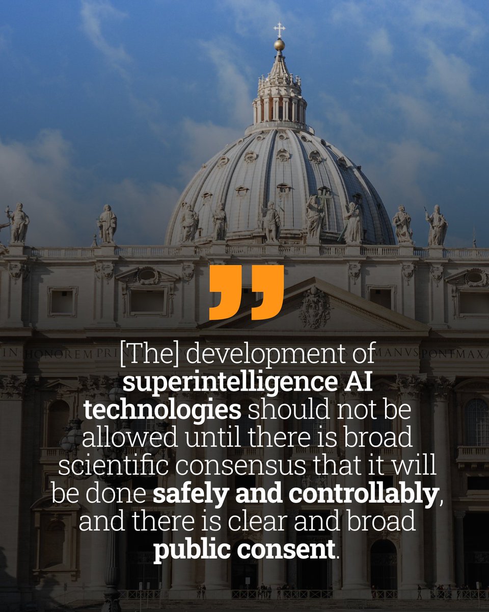PauseAI's tweet photo. A Vatican roundtable on artificial intelligence concluded that no one should be allowed to develop superintelligent AI until there's a consensus that it will be safe. https://t.co/IFtFH5fxQs