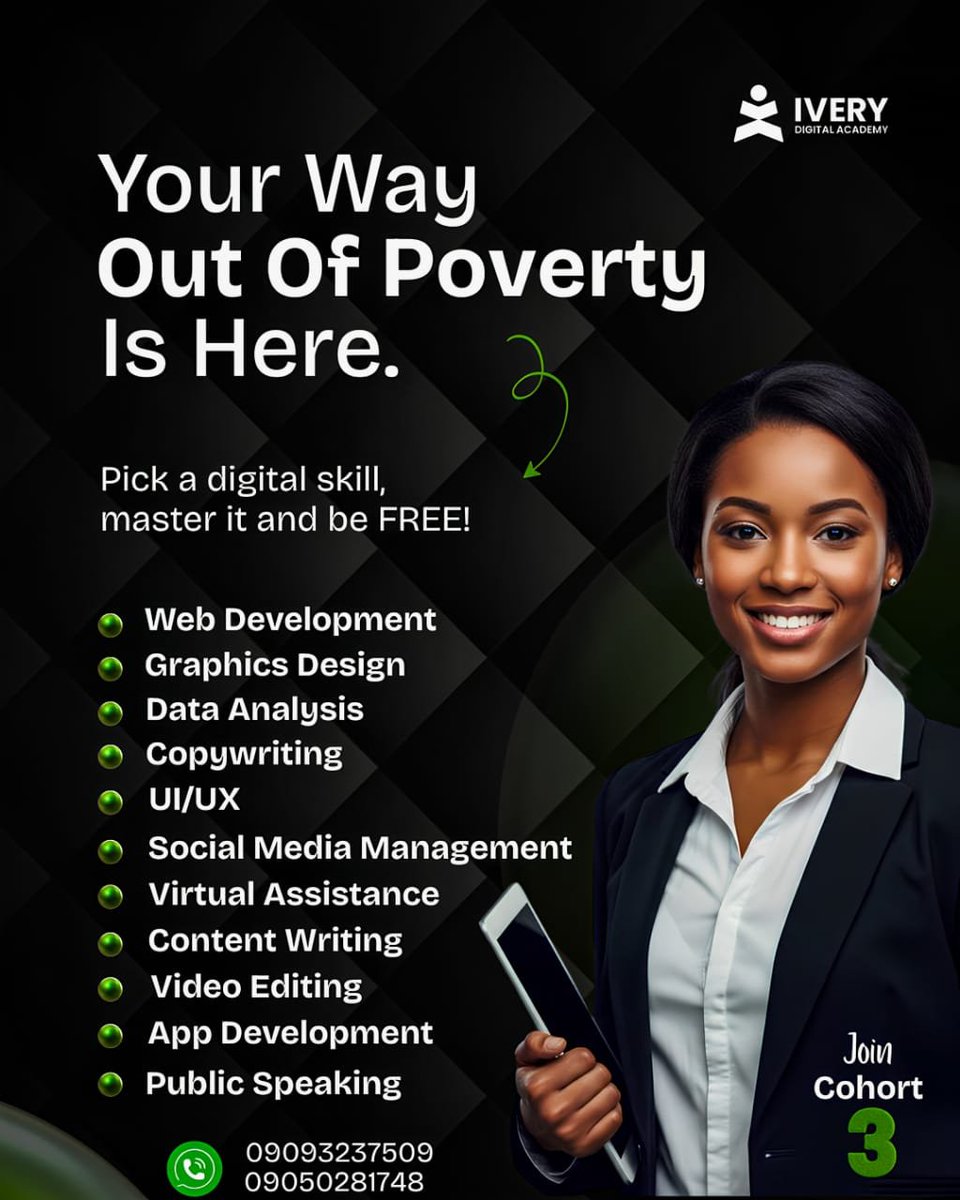 iverydigital's tweet photo. Your #FinancialFreedom starts here!
Join Cohort 3 at Ivery Digital Academy 💻
✔️ Web Development
✔️ Data Analysis
✔️ Graphics Design
✔️ Social Media Management &amp; more
Book your slot now!
https://t.co/Onz8D8FBiv https://t.co/BWXhlhMTUE