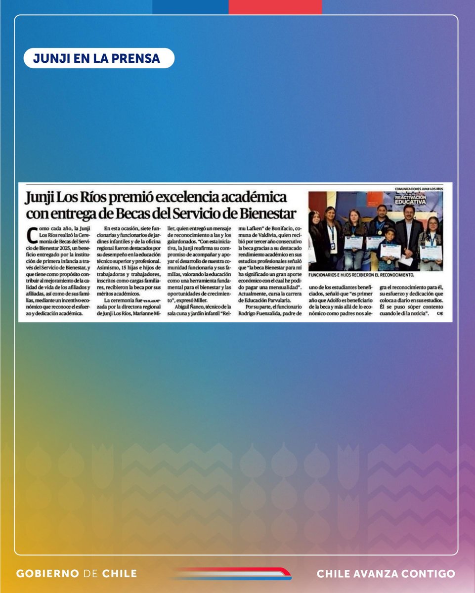 ➡Les invitamos a leer nota de prensa publicada en El  Diario Austral de Los Ríos que destaca la entrega de becas de excelencia académica, beneficio otorgado por nuestro Servicio de Bienestar. 

Los detalles de esta actividad, en la nota. #JUNJIENLAPRENSA