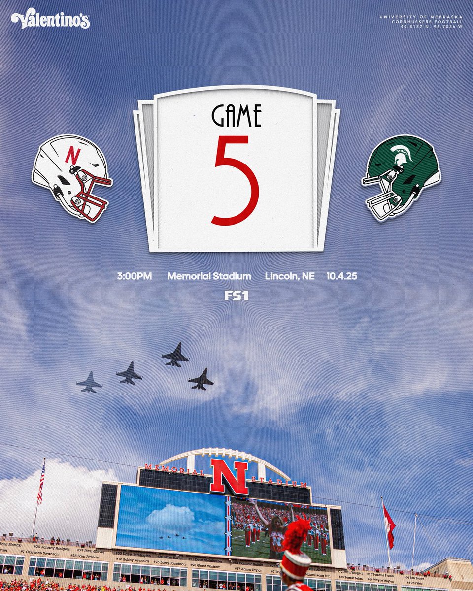 Back at it.

🗓️ 10.4
⏰ 3:00 PM CT
🏟️ Memorial Stadium vs Michigan State 
📺 <a href="/FS1/">FS1</a>