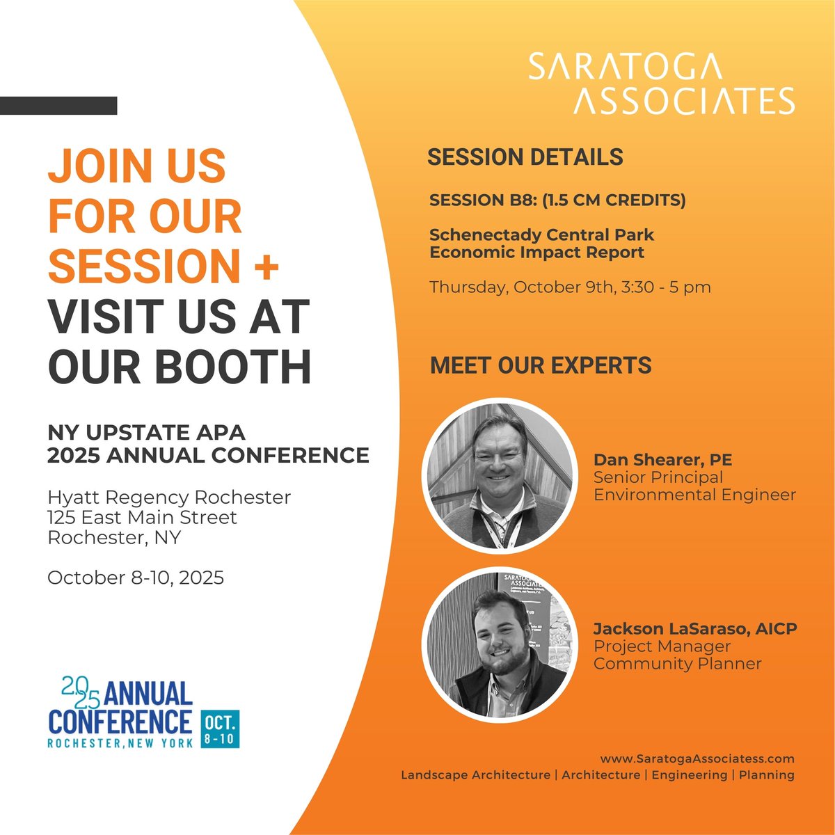 We’re looking forward to connecting at the 2025 NY Upstate APA Conference!

📍 Stop by the Saratoga Associates booth to learn more about our planning and design work.

🎤 Join us for Session B8: Pedal Power and Park Value on Thursday, October 9, 3:30–5:00 PM (1.5 CM credits).