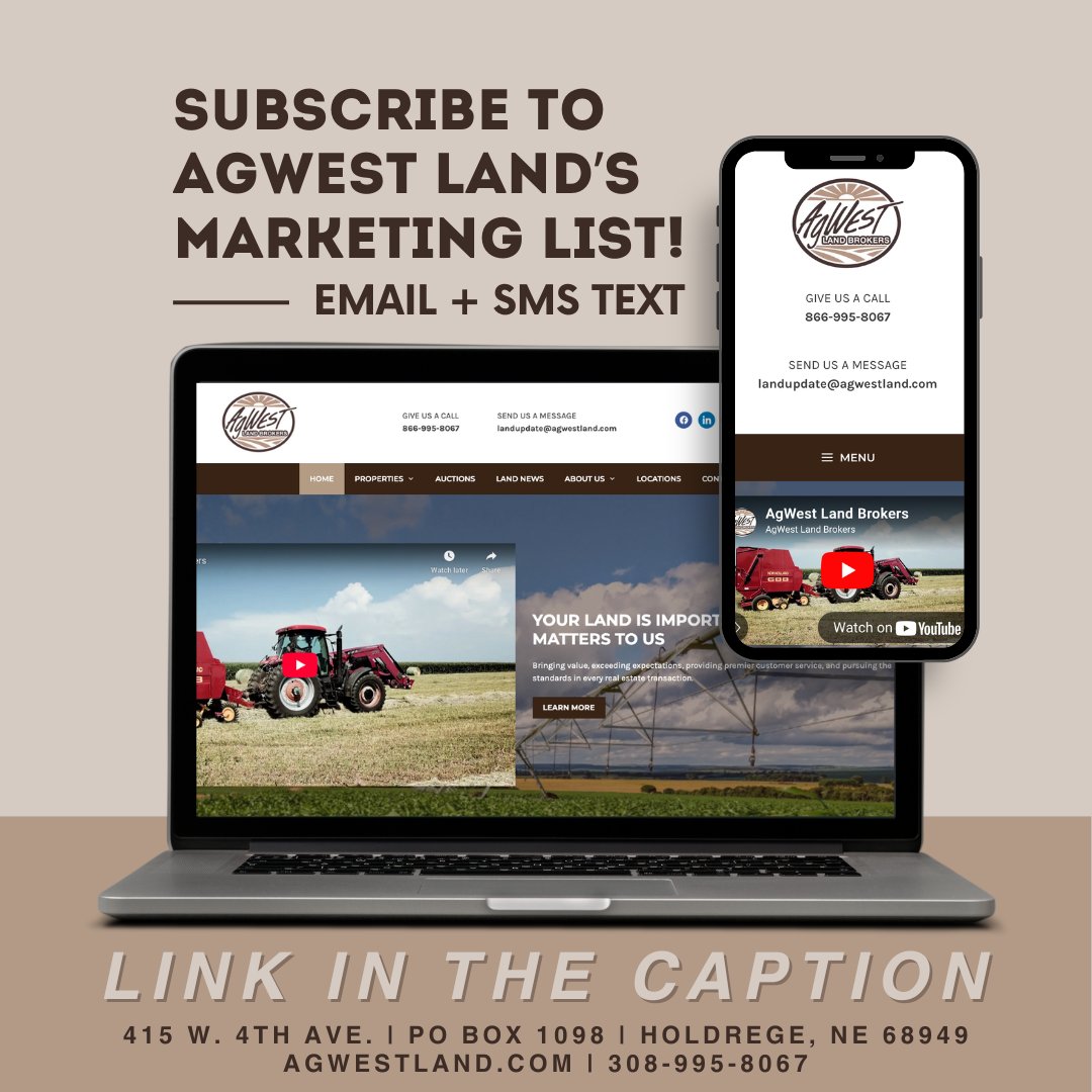 Want to stay up to date on all things AgWest Land Brokers? Now you can! Subscribe to our marketing list with your email and phone number. You can stay updated with new listings, upcoming auctions, and more.
Sign up now using this link: mailchi.mp/agwestland/sig…

#AgWestLandBrokers