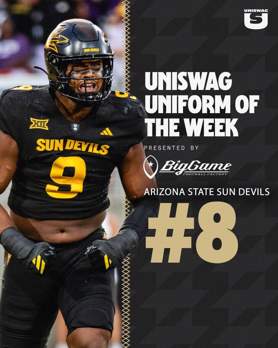 UNISWAG's tweet image. UNISWAG Week 5 Uniform of the Week Countdown presented by @BigGameUSA 

#8 @ASUFootball 

#uniswag