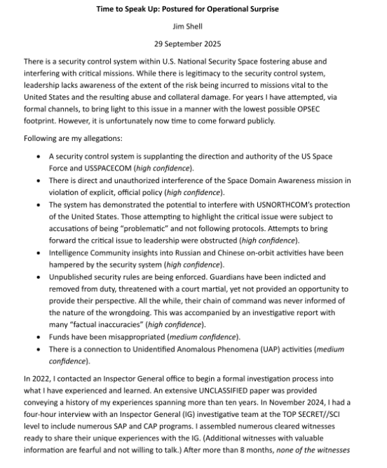 UapJake's tweet photo. This was just posted to linkedin.

Jim Shell @shell_jim  is a former USAF vet and technical director of the NRO. He is a Whistleblower alleging There is a security control system within U.S. National Security Space fostering abuse and interfering with critical missions https://t.co/uSgXiQukyY