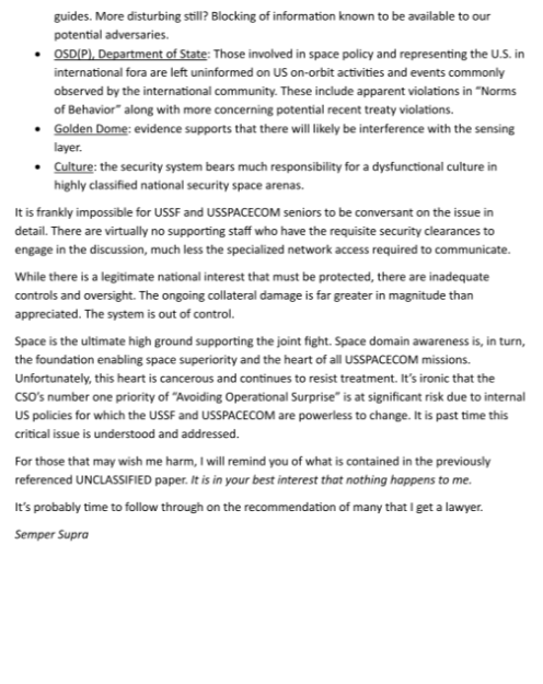 UapJake's tweet photo. This was just posted to linkedin.

Jim Shell @shell_jim  is a former USAF vet and technical director of the NRO. He is a Whistleblower alleging There is a security control system within U.S. National Security Space fostering abuse and interfering with critical missions https://t.co/uSgXiQukyY