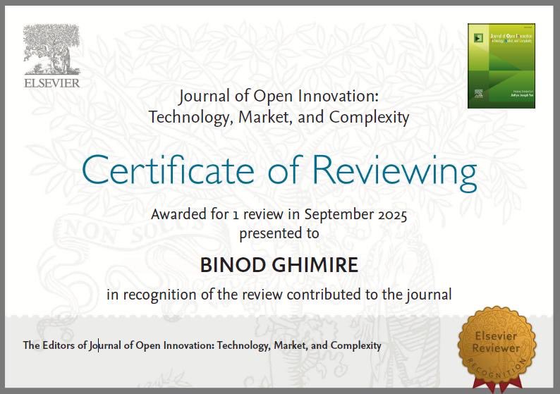 Grateful to receive a Certificate of Reviewing from the Journal of Open Innovation: Technology, Market, and Complexity (Elsevier) for my contribution in September 2025. 

#PeerReview #Elsevier #Research