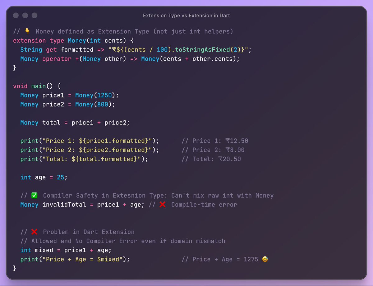 burhanrashid52's tweet image. Prefer Extension Type over Extension on Small Domain Model. Extension Type provides compile-time safety on mismatched domains. #FlutterTip #DartTip