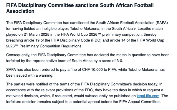 UnplayableZA's tweet image. 𝗦𝗔𝗡𝗖𝗧𝗜𝗢𝗡𝗘𝗗!!!

FIFA has deducted 3 points from @BafanaBafana for fielding an ineligible player [Teboho Mokoena] against Lesotho in March.

#fifawcq 
#UNPLAYABLE