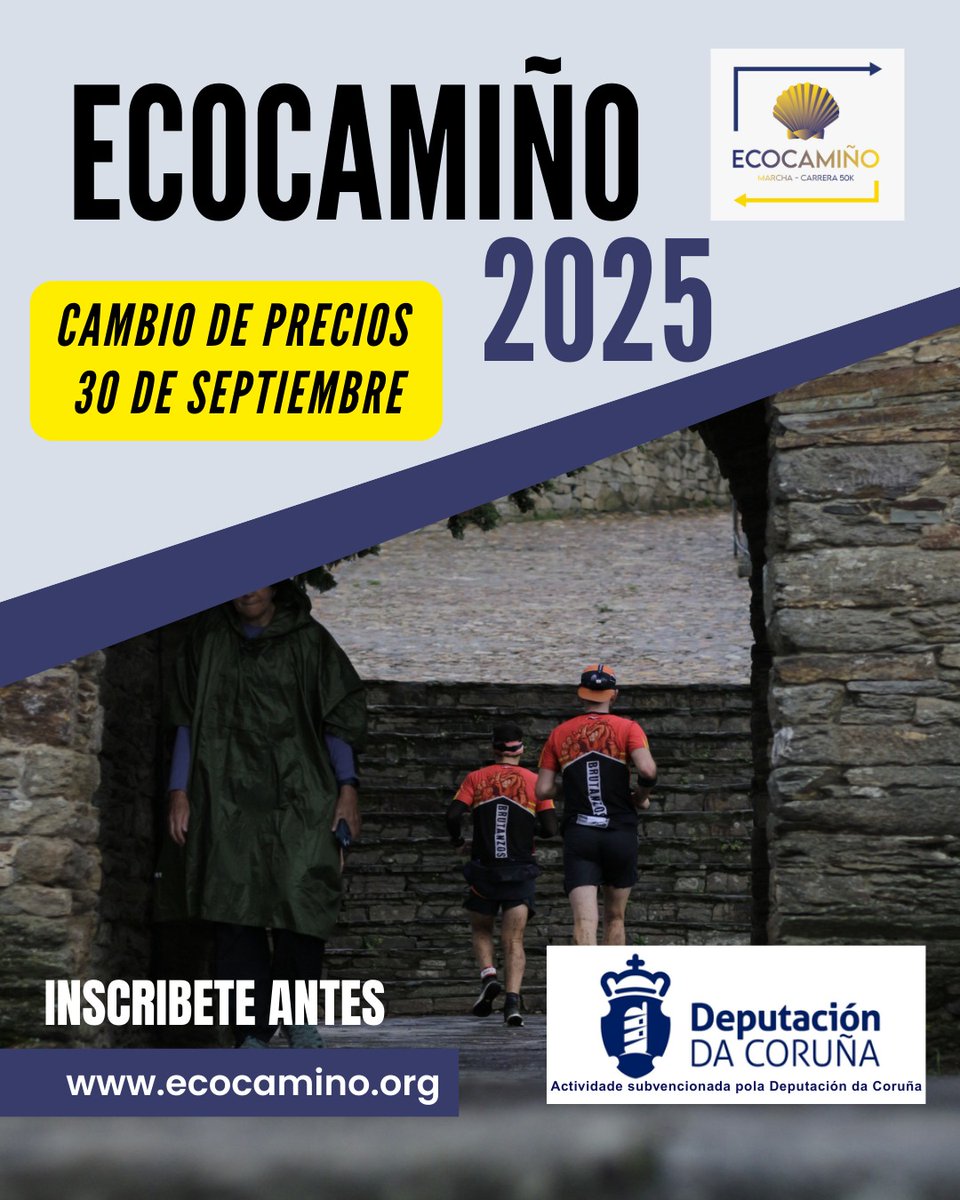 Última oportunidad para apuntarse a precio reducido! 💪🏻
A partir del 30 de septiembre cambio de precios

#ecocamino #ecodeporte #carrera #deputaciondacoruña #galicia #caminodesantiago