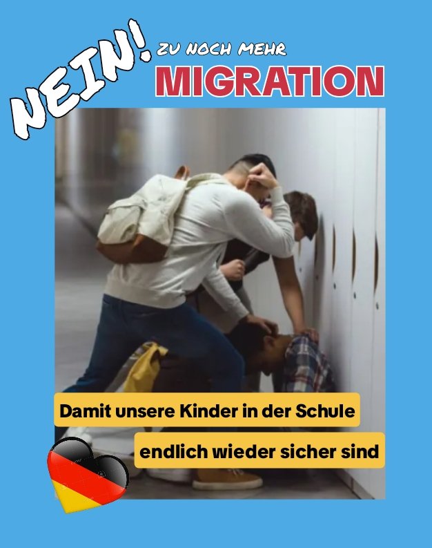 Ich starte jetzt einfach mal eine Gegenaktion zu #JaZuMigration und sage #NEINzuMigration, damit unsere Kids in der Schule wieder sicher sind, unser Frauen in der U-Bahn, damit #Deutschland wieder sicher wird...