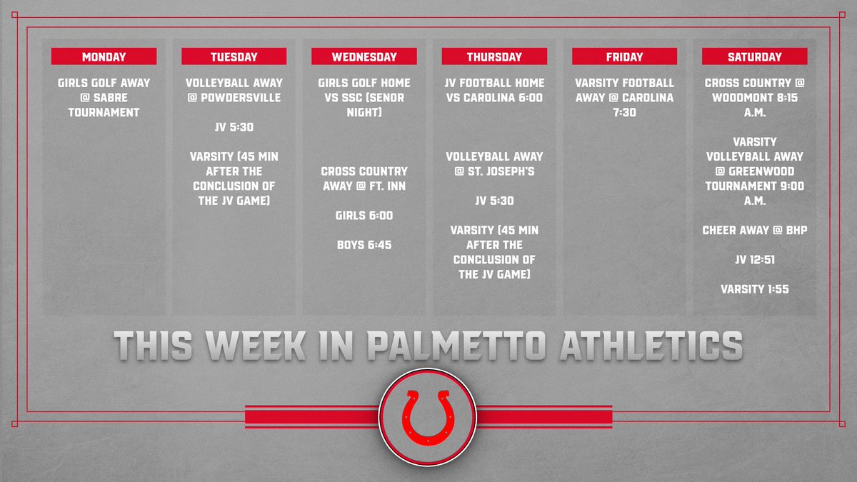 MustangSports1's tweet photo. Palmetto Athletics Week of September 29th-October 4th.  Girls Golf has their senior night this Wednesday.  JV Football is our only paid home event on Thursday of this week.  A lot of our events are on the road this week.  Go Mustangs!! https://t.co/XAsWCSZC2w