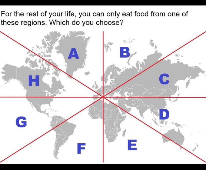 I choose D. Definitely D: Thai, Indian, Lebanese, Chinese, etc. Wait, Mexican food and Southern Food are in G. Okay, G. But French food is in A. Hmmmm.... I'm stuck. Which would you choose? 😃😃
