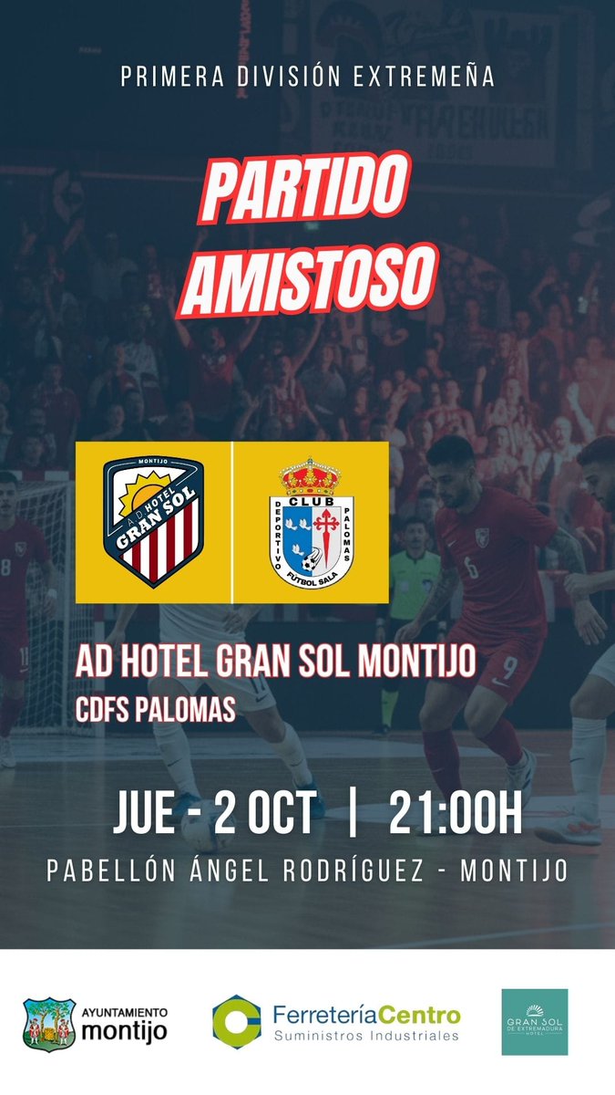 Buenas seguimos con los partidos de pretemporada, ahora contra un rival duro,  nos medimos a palomas el año pasado quedo campeón de liga, ven a disfrutar de un día de fútbol sala,  entrada gratuita.
