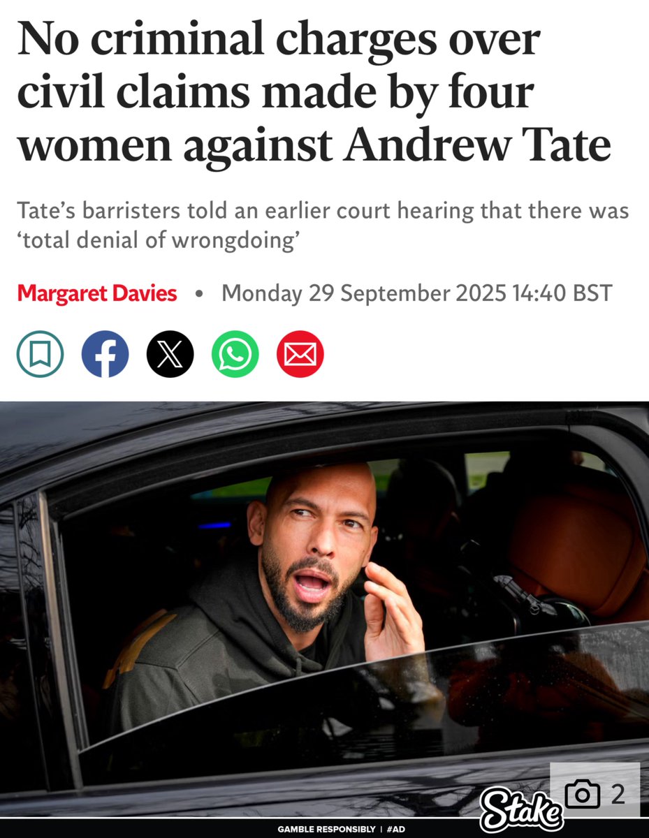 Andrew Tate spent millions of dollars on legal fees fighting these bullshit cases that should have NEVER even existed.

2 🇷🇴Romanian cases: DROPPED no evidence.

🇺🇸USA case: NO EVIDENCE to pursue charges.

🇬🇧UK CASE: NO EVIDENCE to pursue charges.

Top G was innocent.

Everyone