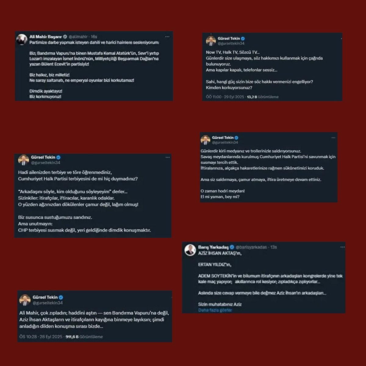 CHP, kurultay ve kongre tartışmalarıyla savaş alanına döndü. Gürsel Tekin'in de dahil olduğu 6 ismin CHP’den atılmasıyla alevlenen gerilim suçlamalara dönüştü.
Tekin, Başarır'a,
“Sen Bandırma Vapuru’na değil, Aziz İhsan Aktaşların ve itirafçıların kayığına binmeye layıksın” dedi.