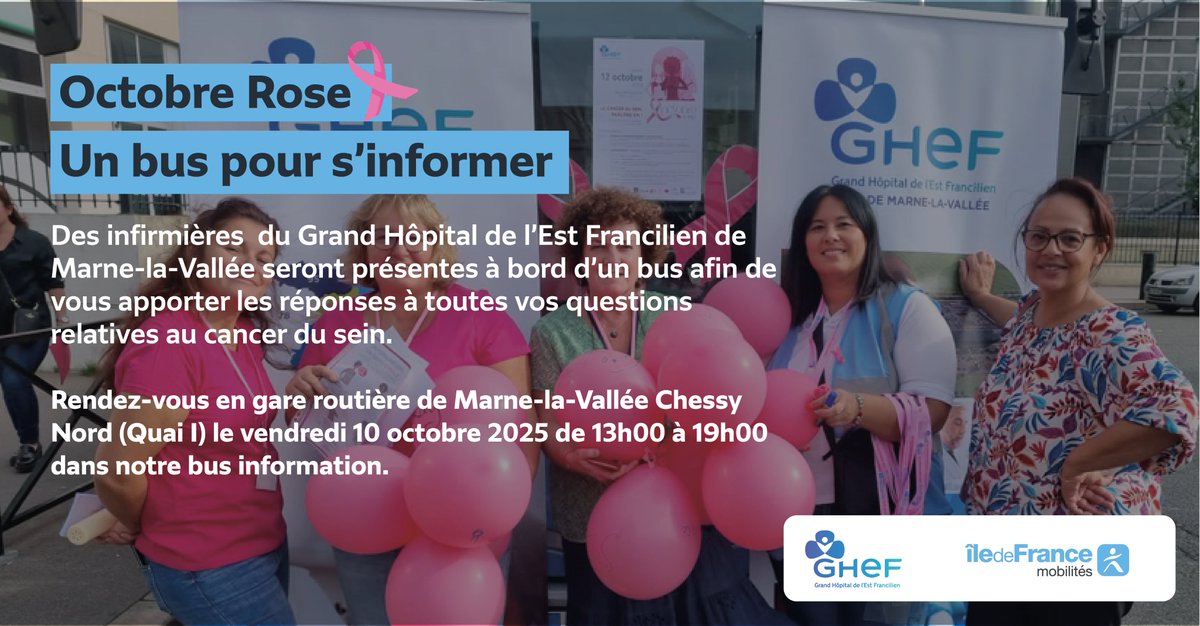 Le dépistage sauve des vies.
À l’occasion d’#OctobreRose, des infirmières du GHEF vous accueillent à bord d’un bus santé.
📍 Gare de Chessy Nord (Quai I), 10 octobre, 13h-19h 
👉iledefrancemobilites.fr/actualites/loc…