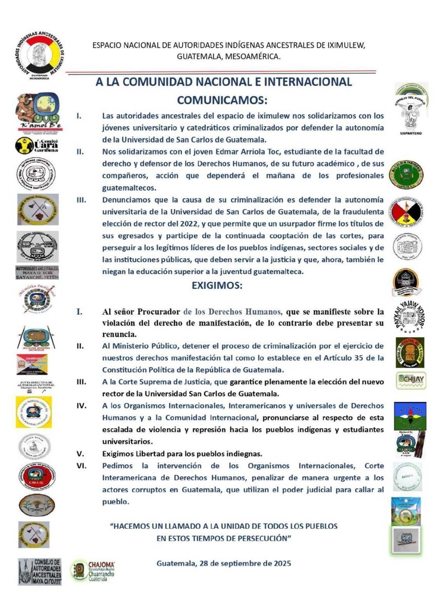 Compartimos #Comunicado del Espacio Nacional de Autoridades Indígenas Ancestrales de Iximulew, ante la criminalización de líderes indígenas, jóvenes universitarios y catedráticos criminalizados.