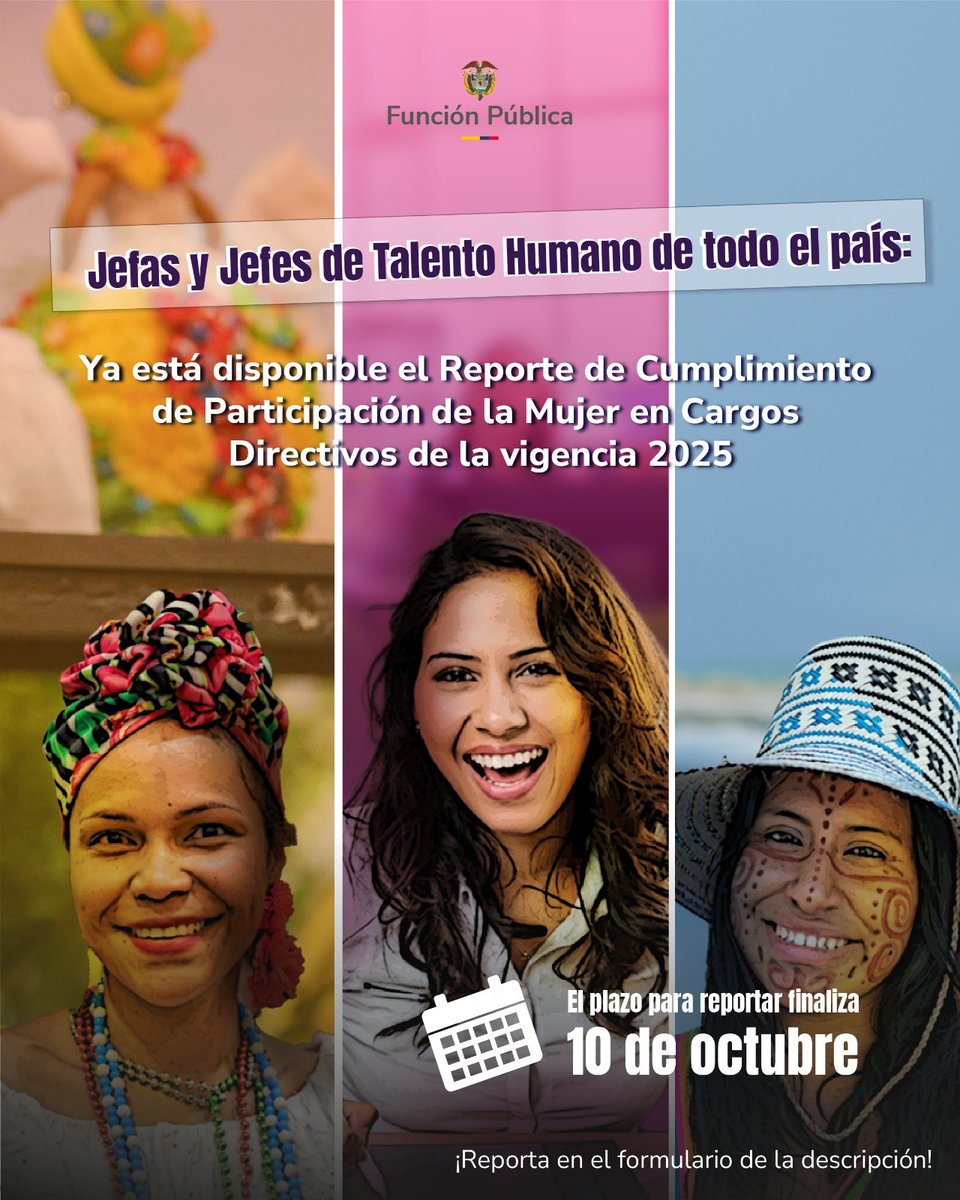 DAFP_COLOMBIA's tweet photo. Entidades, el Reporte de Participación de la Mujer en Cargos Directivos estará disponible hasta el 10 de octubre 👩‍💼

La participación de las mujeres en cargos directivos fortalece la igualdad 💜

Reporta 🔗: https://t.co/EdKoYpg5Ut

@petrogustavo @mariellabarrag3 @MinIgualdad_Col https://t.co/xmEwUe18AJ