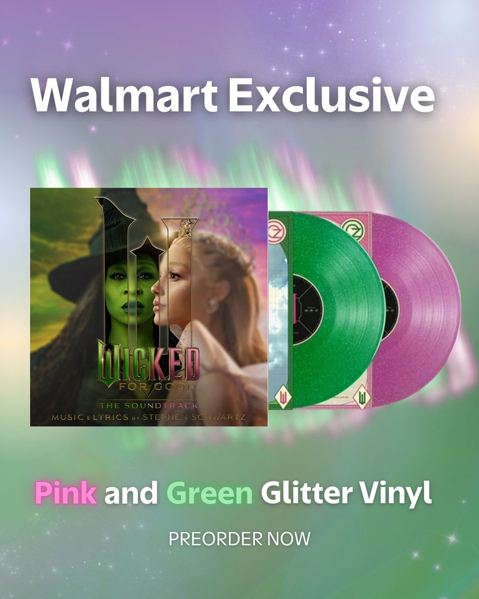 Walmart's tweet image. the soundtrack of the season 💚🩷

Preorder the Wicked: For Good Walmart Exclusive Pink &amp;amp; Green Glitter Vinyl walmrt.us/4gNoMQ2