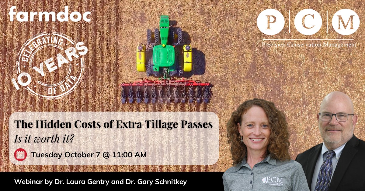 farmdocDaily's tweet image. 1/ Next week&apos;s @farmdocDaily and @PCM_Farming webinar will present a detailed analysis of tillage systems (no-till, strip-till, 1-pass, 2-pass, etc.) and their impact on your bottom line, soil health, and environmental outcomes.

Register here: tinyurl.com/4f9b2xxs