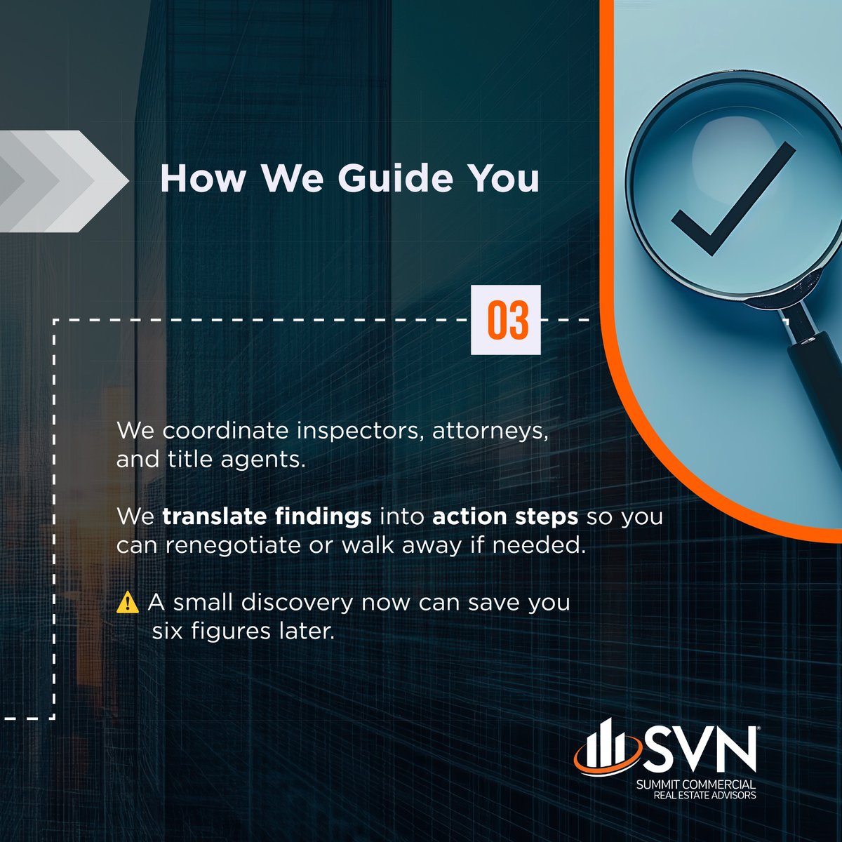 SVNSummitCRE's tweet photo. We’re at Step 4 of our 5 Steps to Closing a CRE Deal: Due Diligence.
Inspections, title &amp; zoning checks, financial reviews, this phase protects every dollar before closing.
Skip it and risk surprises. Do it right and safeguard your investment.
#CRE101 #SVNDifference #DueDiligence https://t.co/QSIBJbvM3f