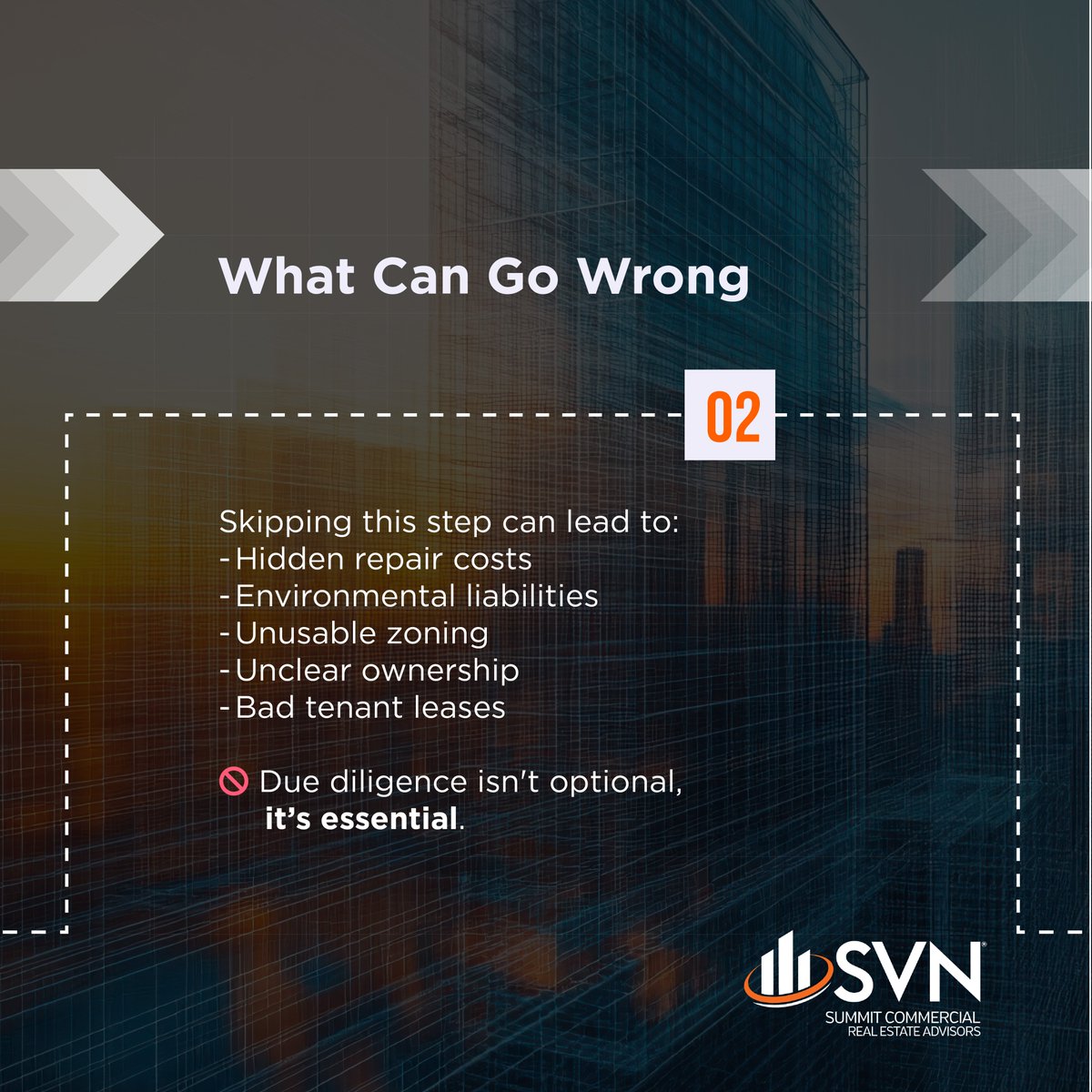 SVNSummitCRE's tweet photo. We’re at Step 4 of our 5 Steps to Closing a CRE Deal: Due Diligence.
Inspections, title &amp; zoning checks, financial reviews, this phase protects every dollar before closing.
Skip it and risk surprises. Do it right and safeguard your investment.
#CRE101 #SVNDifference #DueDiligence https://t.co/QSIBJbvM3f
